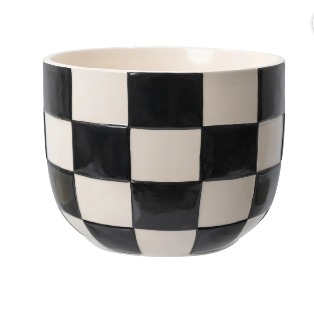 Mainstays Lennon 8.1" × 8.1" × 6" Round Black Checkered Ceramic Planter